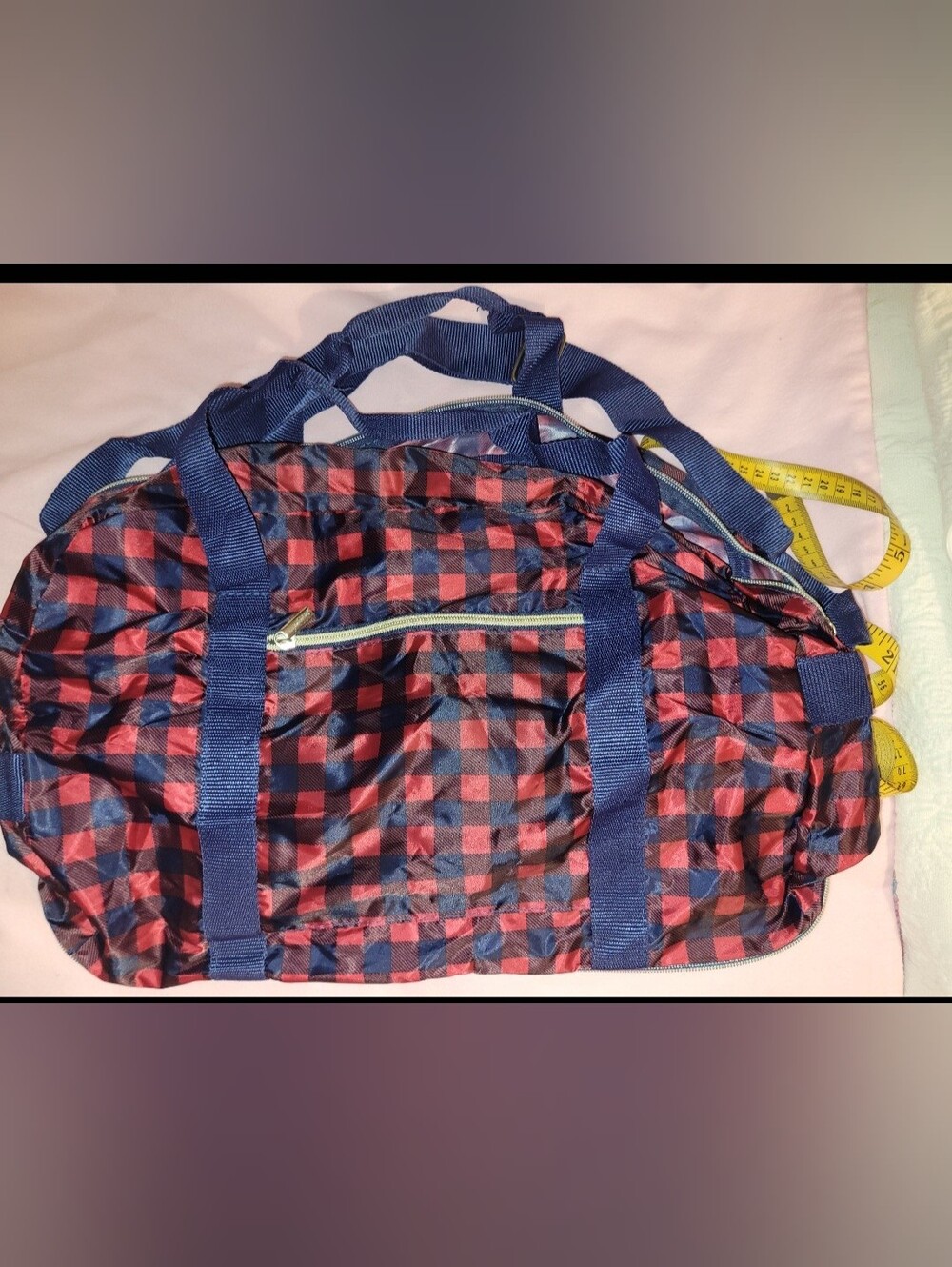 Convertible Stow & Go Bag By Pure Honey Navy \red Plaid 17.5”X12”X5.5 Expandable